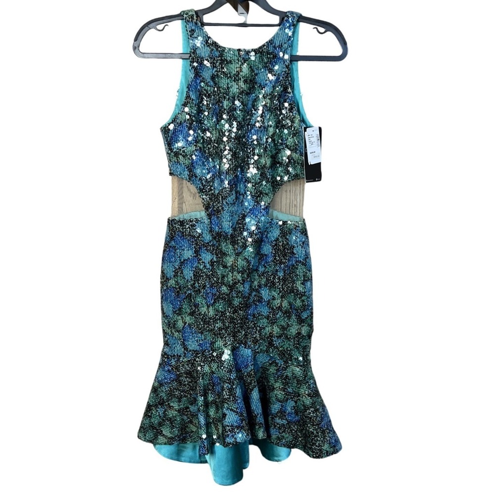 CDGNY By CD Greene Sz 4 Teal Sequin Butterfly Mini Dress NWT $2250 Mesh Cut Outs